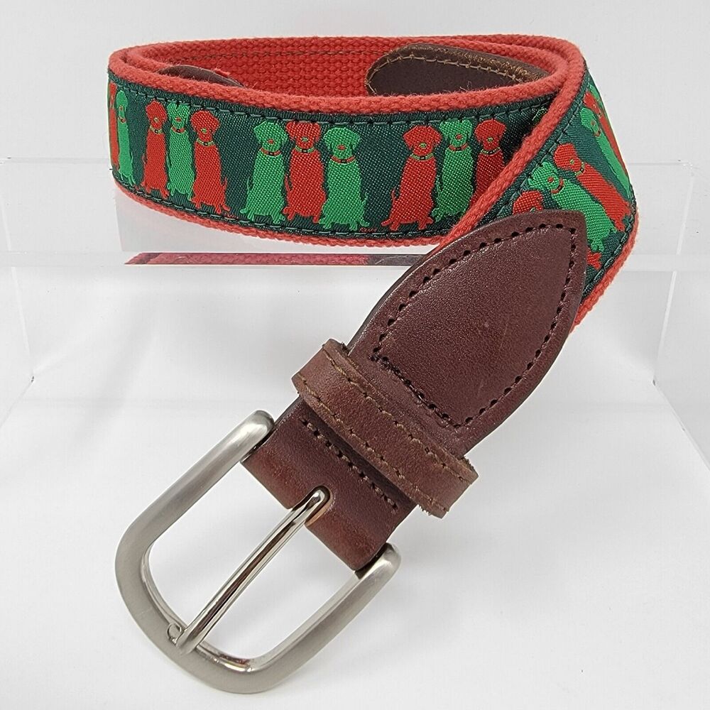 Belted Cow Company Three Labs Leather Tab Belt 32 Waist Size 30/31 Red Green
